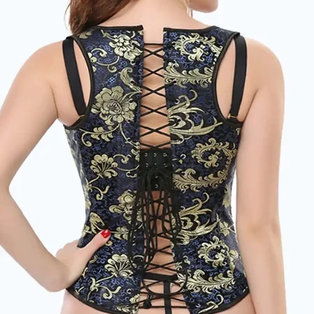 womens-glitter-corset-underbust-gold-brocade-with-straps-jacquard-vest-style-under-bust-corset-dark-blue-floral-decorated-underbust-corset