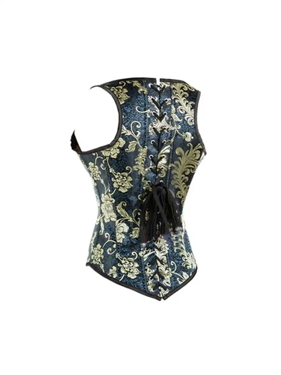 womens-glitter-corset-underbust-gold-brocade-with-straps-jacquard-vest-style-under-bust-corset-dark-blue-floral-decorated-underbust-corset